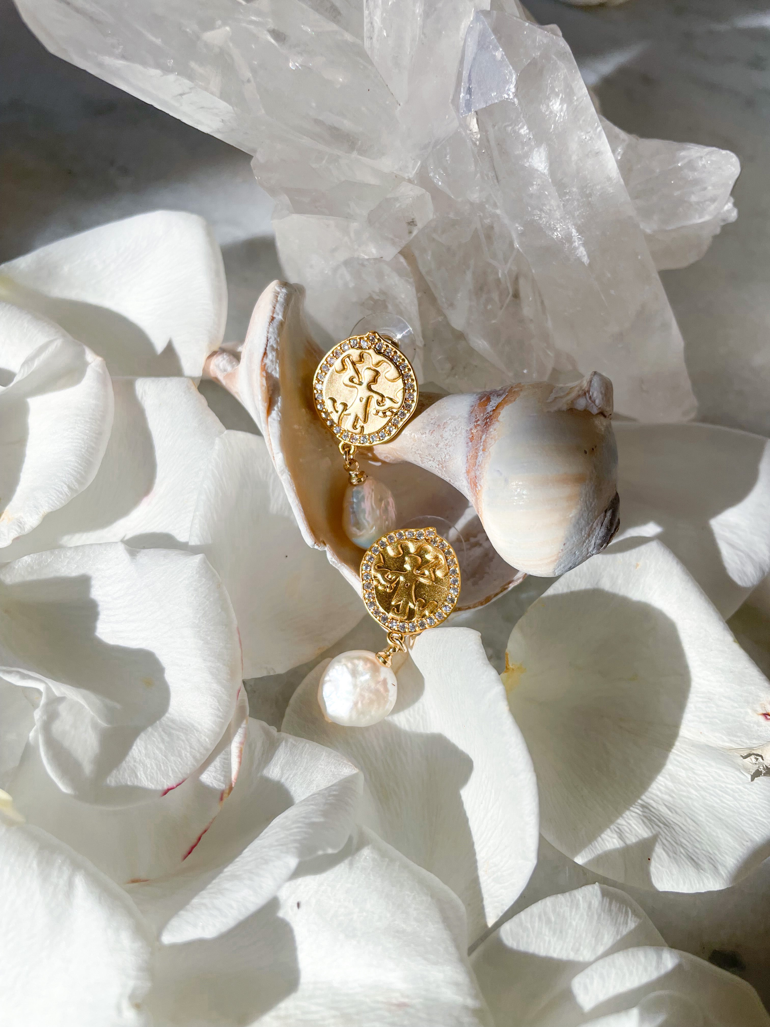 Antique Coin Pearl Earrings