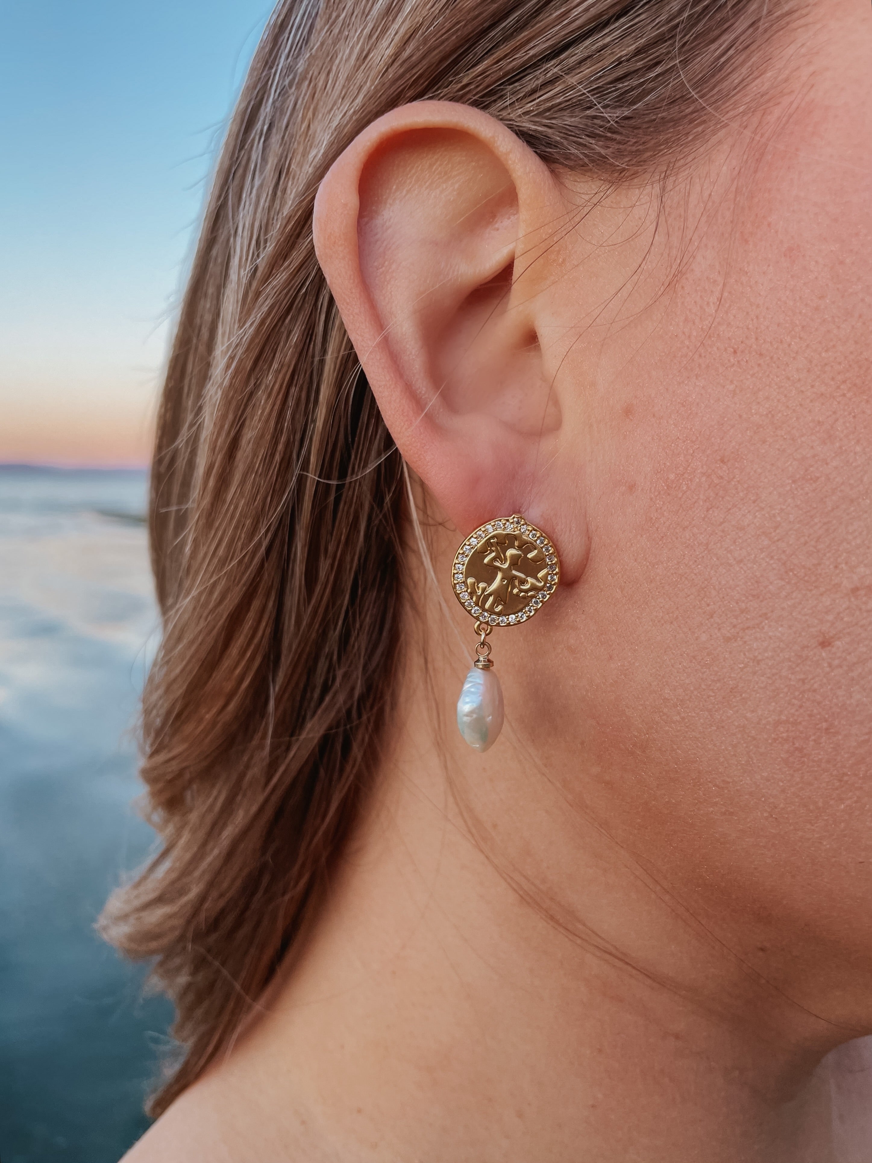 Antique Coin Pearl Earrings